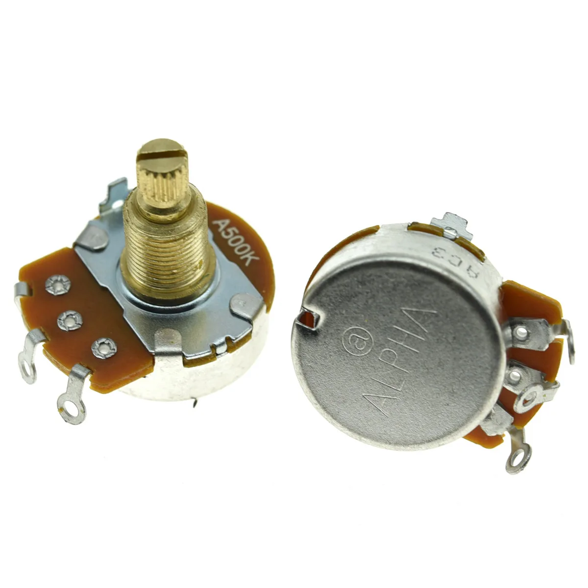 Pack of 2 Full Size Alpha Guitar Bass Pots Potentiometer with 19.5mm Brass Shaft Guitar Audio Pot A500K