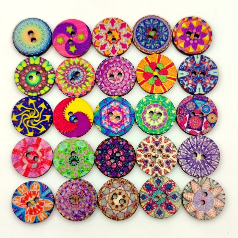 100Pcs Retro Multicolor pattern Wooden Buttons For Handwork Sewing Scrapbook Clothing DIY Crafts Accessories Gift Card Decor