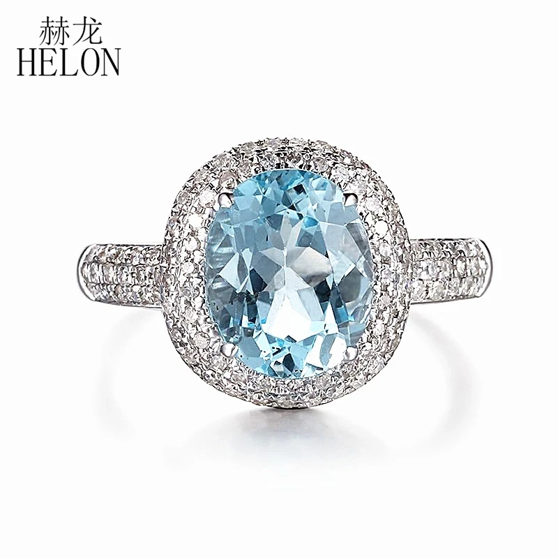 

HELON Solid 10K White Gold Oval 9x7mm Blue Topaz Natural Diamonds Engagement Wedding Ring Women Gemstone Diamonds Ring Gift