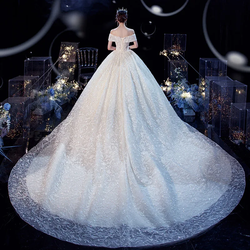 Robe de Mariée Classique en Dentelle avec Col Bateau et Traîne à Balayage, Tenue de Bal à Lacets, Nouveauté 2021