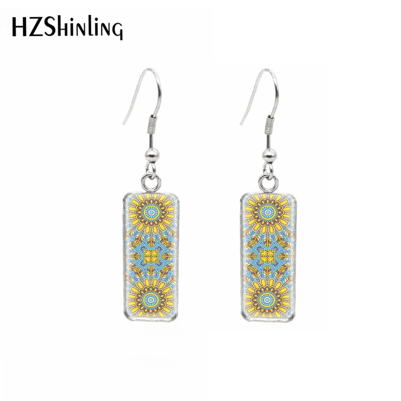 2021 Collection Mandala Patterns Rectangular Hook Dangle Earrings Glass Cabochons Ear Jewelry for Girls