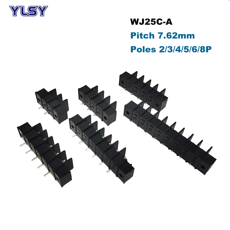 5Pcs Barrier PCB Terminal Block Pitch 7.62mm Morsettiera Straight 2/3/4/5/6/8P 25C-A Wire Cable Connector Screw Holes 14AWG 15A