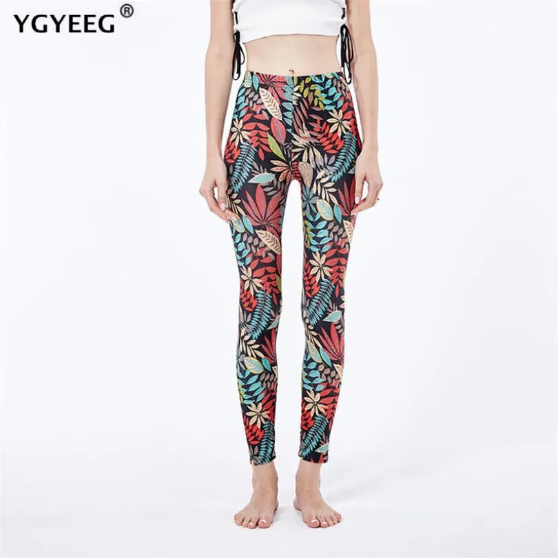 YGYEEG New Fashion Women Leggings Leaves Printing Legging High Waist Stretch Trouser Pants Sporting Workout Leggins Clothing