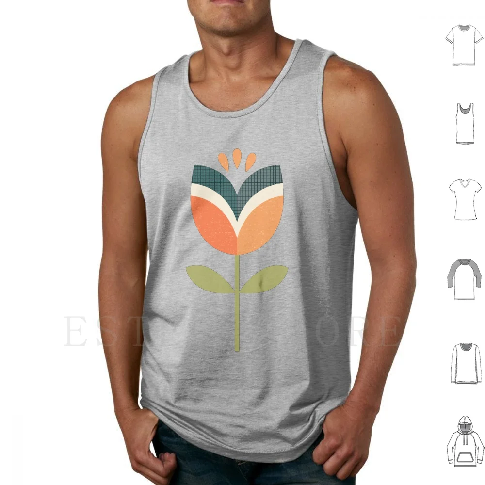 Retro Tulip-Orange And Olive Green Tank Tops Vest Tulip Tulips Flower Flowers Floral Spring Summer Surface Pattern