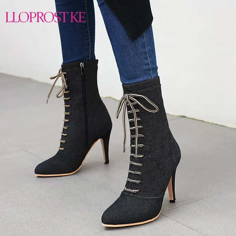 

Lloprost ke New Boots Women 2020 Autumn Fashion Ankle Boots Pointed Toe Stiletto Heel Shoe Stretch Lace-up High Heel Botas mujer