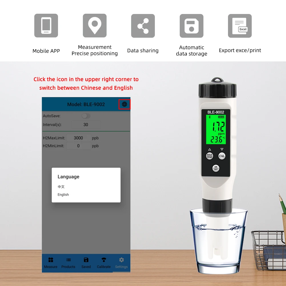 Compteur numérique de température H2 riche en hydrogène 0-2990ppb, outil de test de qualité de l'eau potable avec Auto-étalonnage, dent bleue, moniteur en ligne