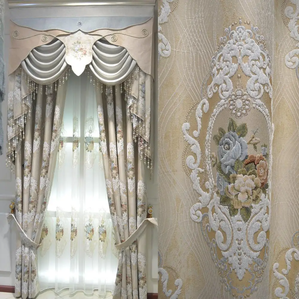 

Custom curtains European high-precision chenille jacquard fabric beige thick cloth blackout curtain valance tulle drapes B497