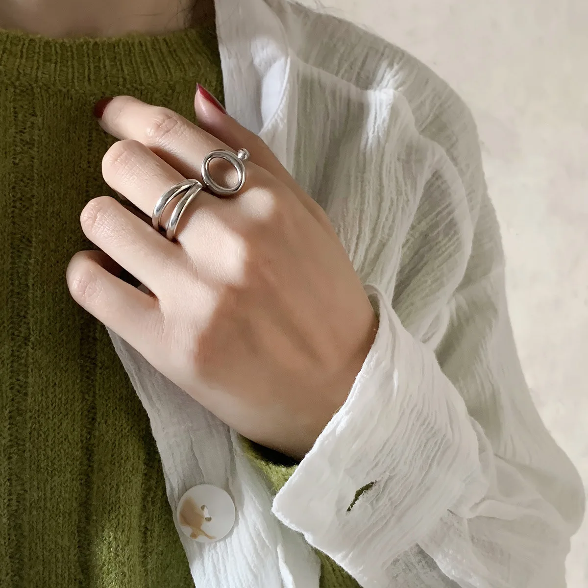 LIVVY Silver Color  Round Hollow Rings For Women  Double Lines Trendy Jewelry Vintage Party Accessories Gifts