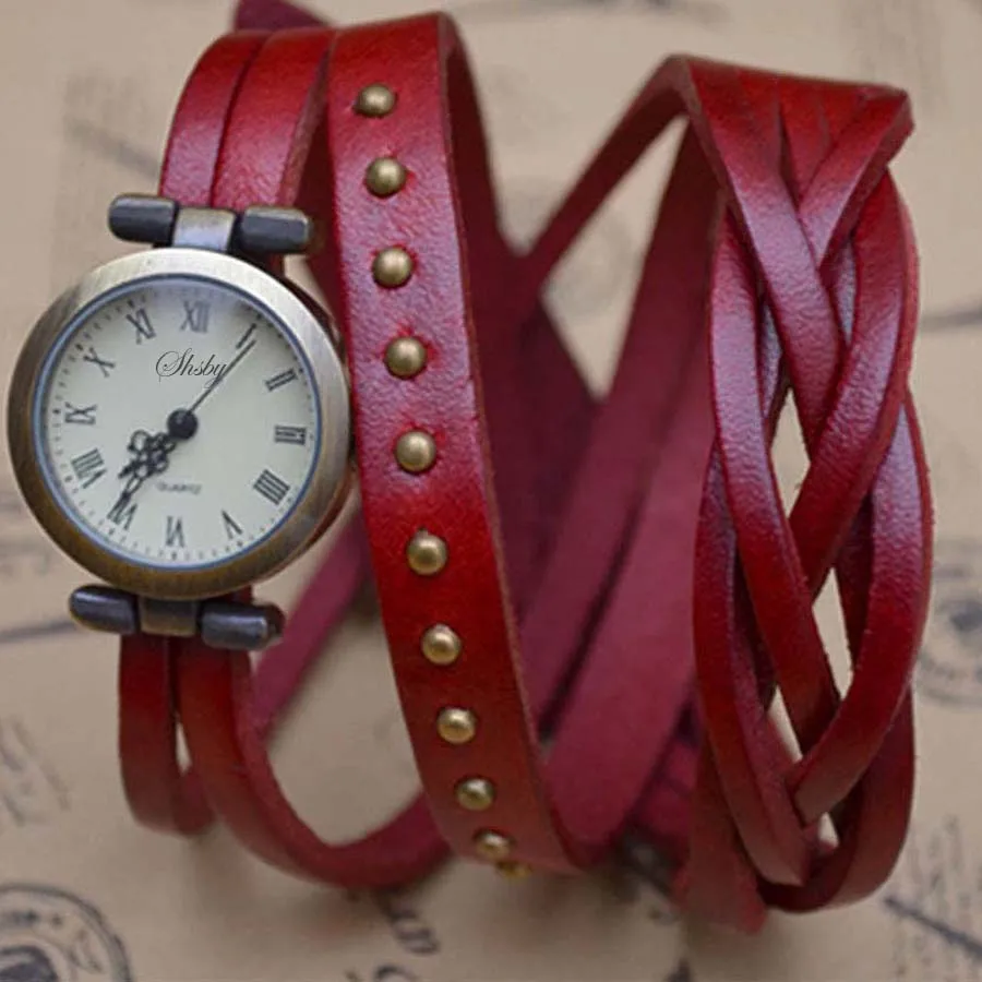 Shsby Baru Roma Vintage Kulit Sapi Spiral Luka Gelang Jam Angka Romawi Menenun Kepang Watch Wanita Kulit Strap Jam Tangan