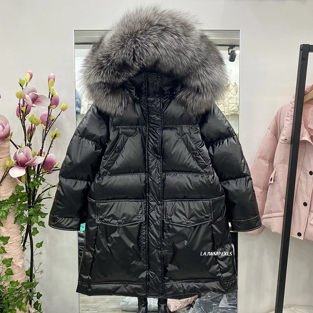 Winter Women New Glossy White Duck Down Jacket Loose Casual Warm Thick Coat Detachable Large Real Fur Collar Overcoat