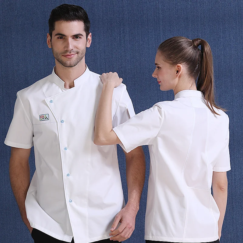 

New chef uniform unisex chef clothes bakery restaurant kitchen work clothes short sleeve waitress catering chef coat