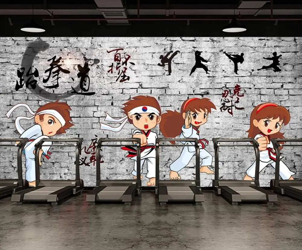 

Custom 3D wallpaper mural retro nostalgic brick wall cartoon taekwondo fitness tooling background wall decorative mural