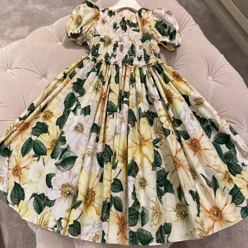 summer baby girl vintage flower printed princess dress children puff short sleeve beach dress