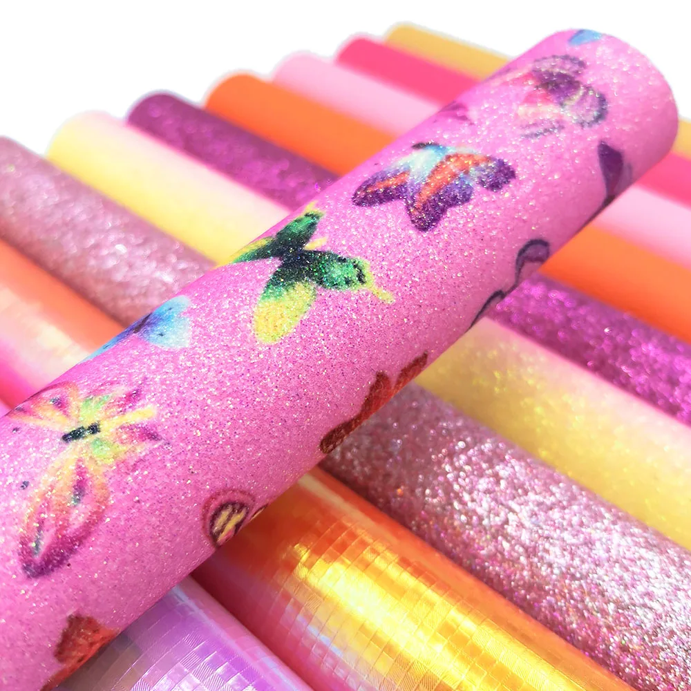 10pcs/Set PU Printed Leathere Fabric PINK Rainbow Butterfly Glitter Candy DIY Bag Bows Earring Widget Case Decor Making A5