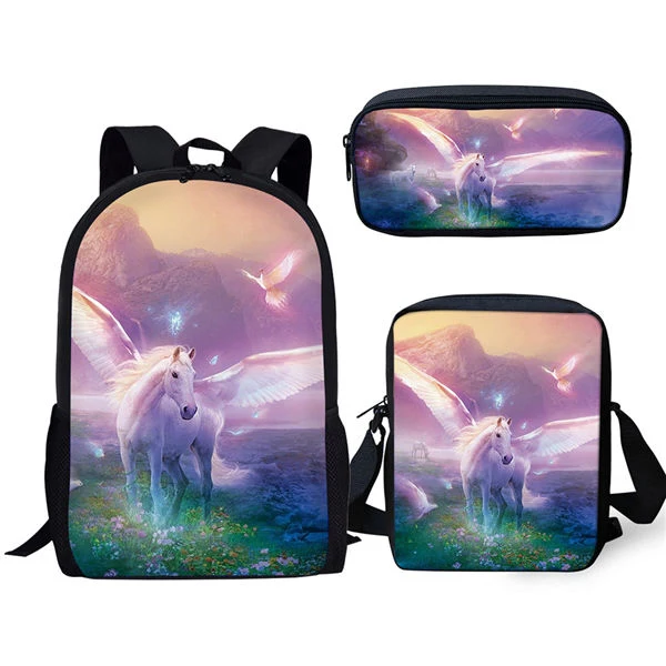 Crianças ombro mochila fantasia cavalo estampas padrão primária escola criança 3 pces conjunto saco de livro/aletas saco/caneta