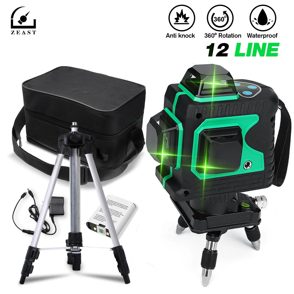 Laser levels 12 Lines 3D Green Light Horizontal&Vertical Cross 360 Auto Self-Leveling Laser Levels &3000mAh Battery&Tripod&532nm