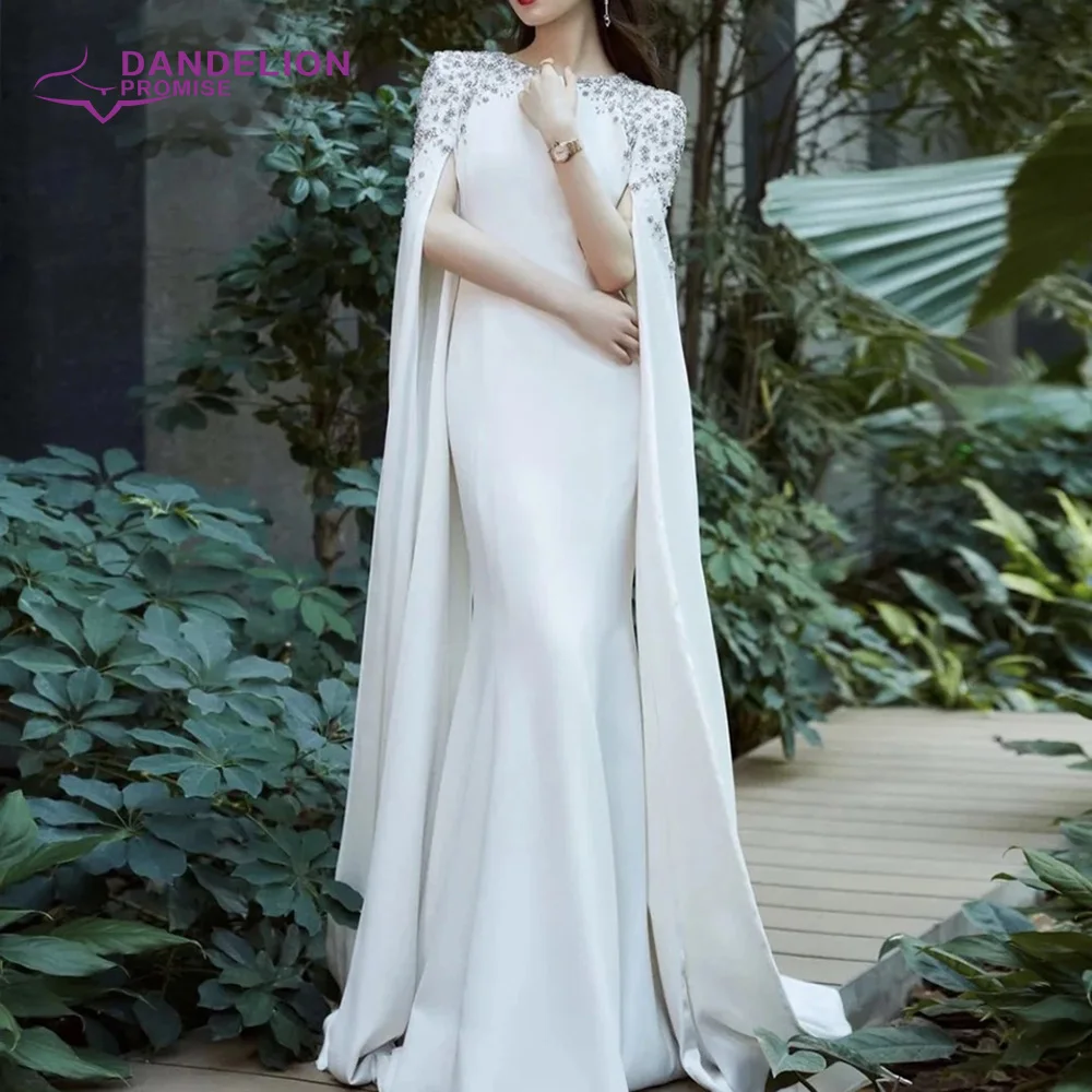 Dubai Elegant White Mermaid Muslim Evening Dress For Women 2021 Beading Cape Long Sleeves Formal Party Gowns