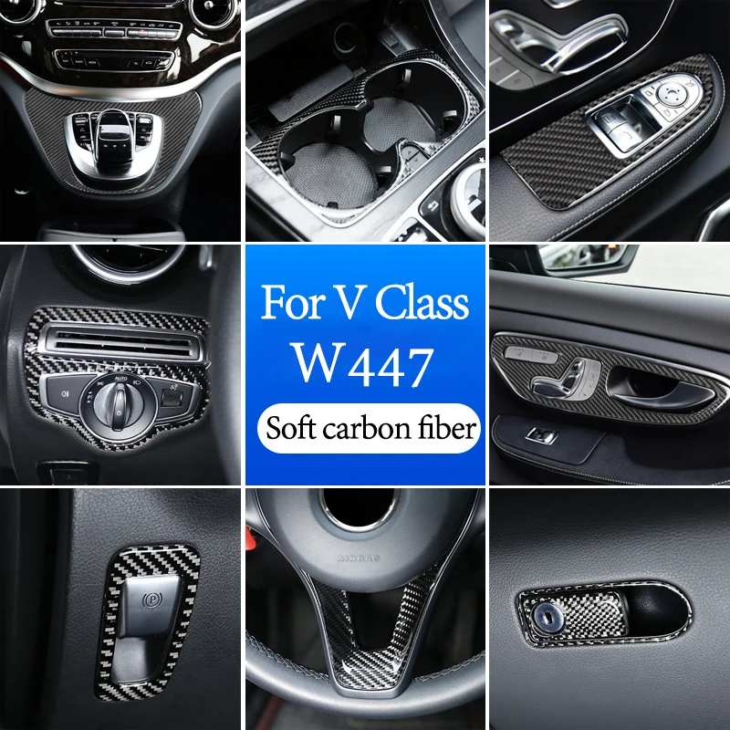 Carbon Fiber Car Door Steering Wheel Multimedia Gears Panel Sticker For Mercedes Benz V Class W447 V260 15-20 Interior Accessory