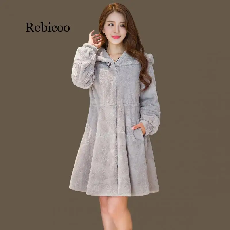 Long hooded winter fur coat  fashion Korean imitation rabbit hair Slim autumn gray coat Outwear  3XL Trench Big fur