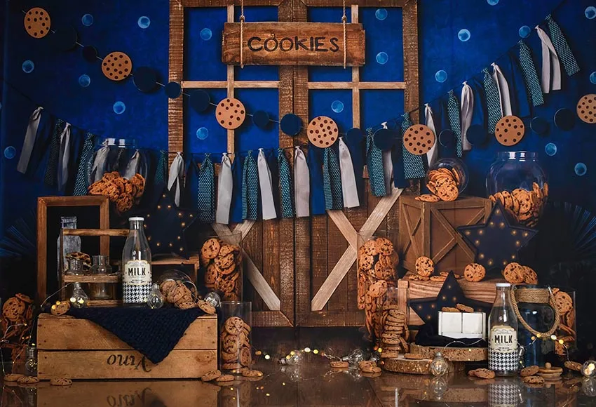 Mehofond Bánh Sữa Nền Chụp Ảnh Cửa Gỗ Xanh Dương Phông Nền Trẻ Em Sinh Nhật Photocall Studio Chụp Ảnh