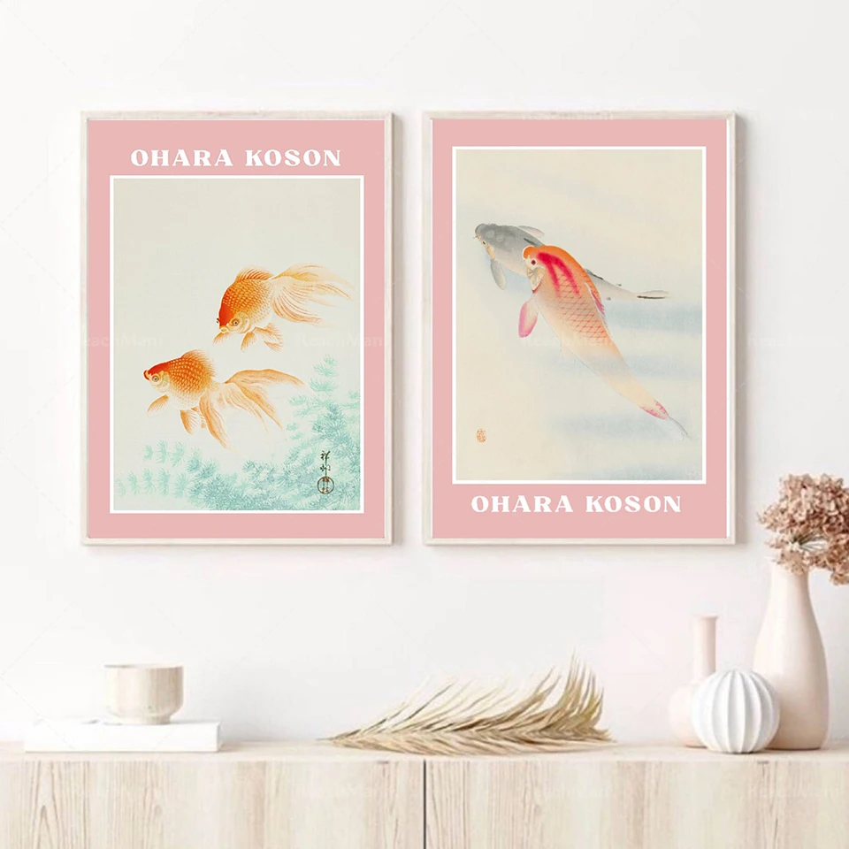 2 sets of retro painting Japanese art, goldfish painting, abstract painting, retro wall art, Japanese nostalgic painting, Giclée