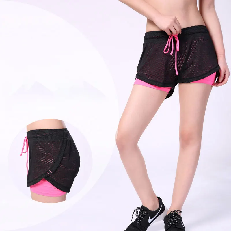 Summer Women Cotton Mesh Yoga Short  Work-out Two Layer Fitness Fold Short Cool Wear Drawstring Clothing for fitness Running