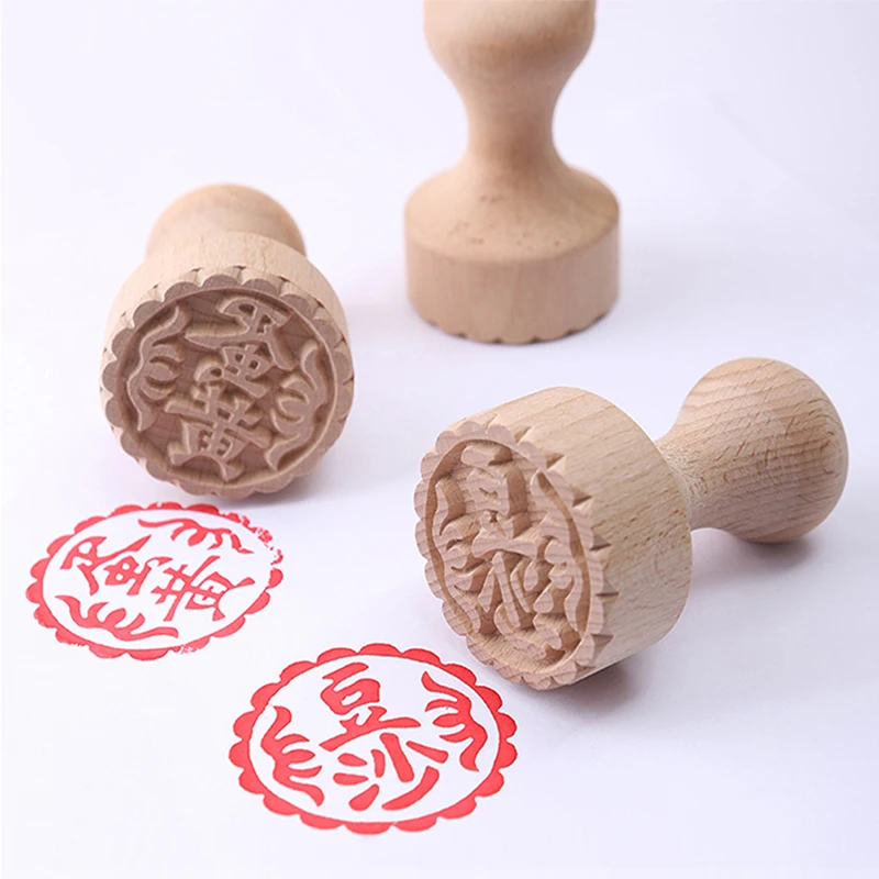 Round Wooden Seal Chinese Pastry Baking Stamp Mooncake Stamp Personalized Words Seal Home Kitchen Baking Accessories Tools #