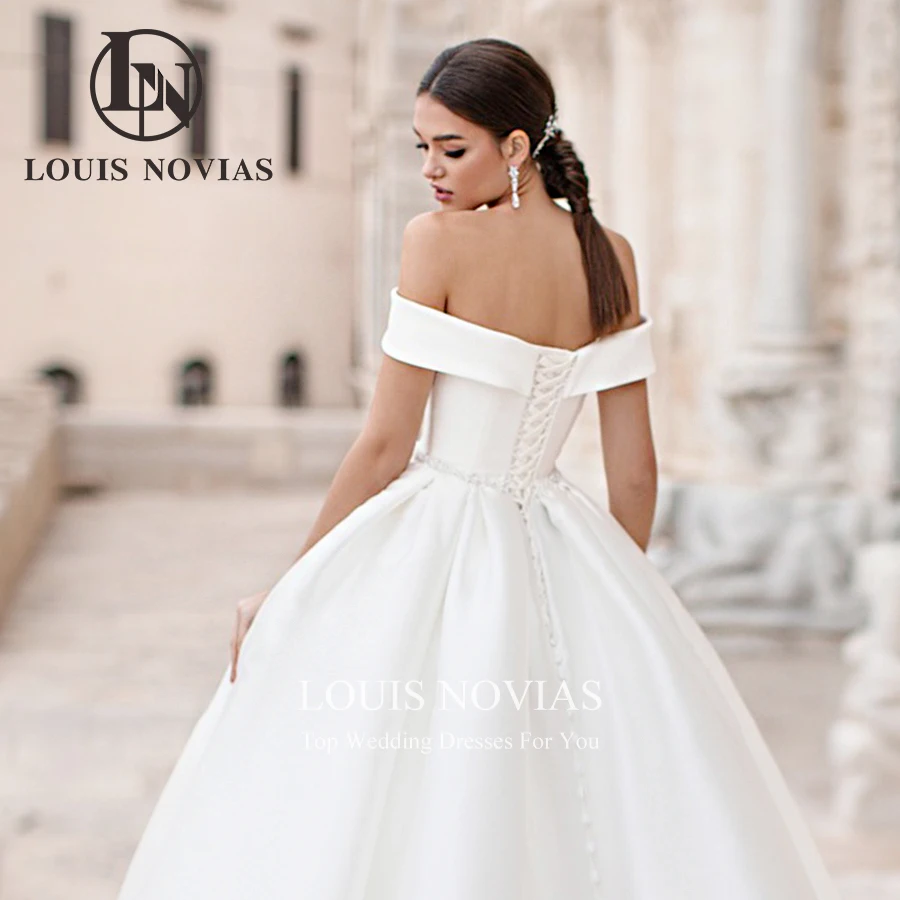 LOUIS NOVIAS Ball Gown Satin Wedding Dresses For Woman Sexy Boat Neck Beading Court Train Sashes Bridal Gown Vestidos De Novia