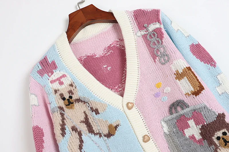 2020 Winter Sweater Long Sleeve Pink V Neck Cardigan Womens Sweater