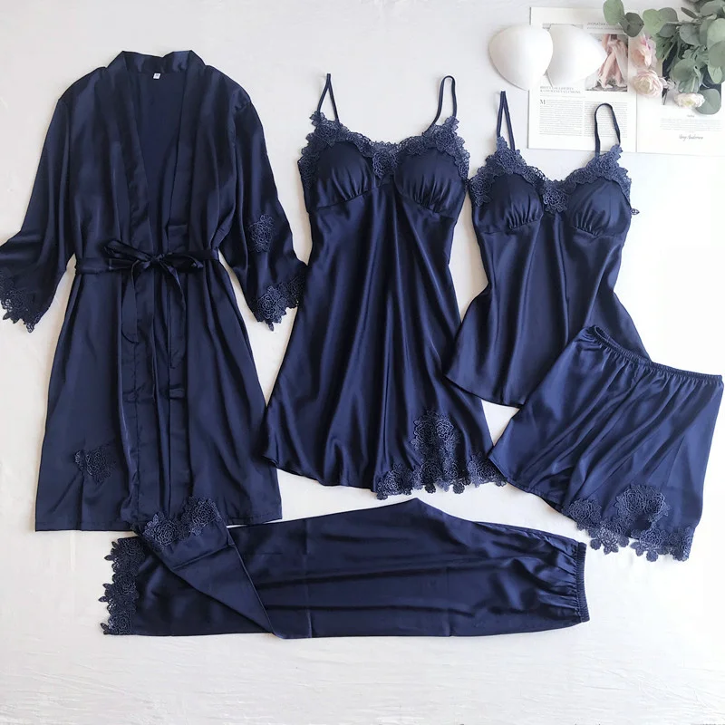 Gray Nightgown Set Women Lace Nightwear V-Neck Pajamas Suit Homewear Spring Sleepwear Robe Gown Sleep Wear Pijama Negligee