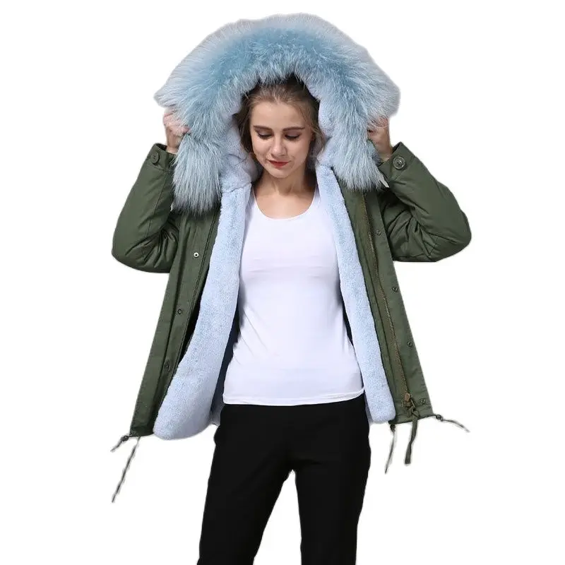 Mhnkro Hot Sale Winter Fasiopn Skyblue Furs Collar Army Green Best Quality MRS Faux Fur Coats Wear