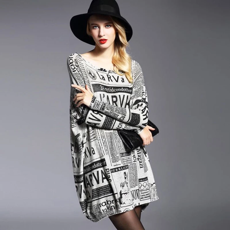 

Women's Clothing Ladies Winter Casual Long Sleeve Knitted Newspaper Print Sweaters Female Batwing Sleeve Big Yard Long Pullovers