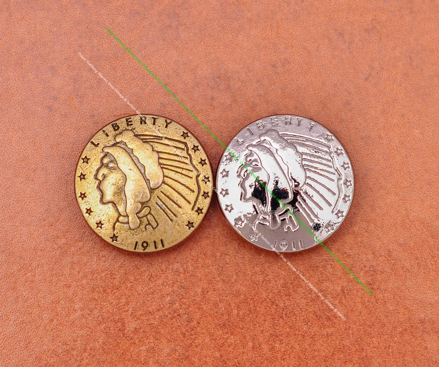 10X 21Mm Round Star Brass Plated Indian Head Quarter 1911 Liberty Coin Leathercraft Belt Wallet Conchos Button Screw Back