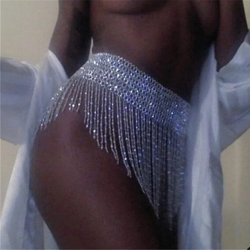 Shiny Crystal Rhinestones Mini Skirts Diamond Long Tassel Luxury Sexy Women Loose Adjustable Night Club Party Fashion Skirt 2022