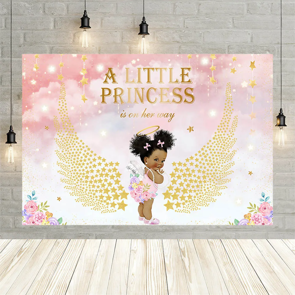 Avezano Backdrop A Little Princess On Her Way Gold Wings Shiny Stars Pink Newborn Girl Baby Shower Photography Background Banner