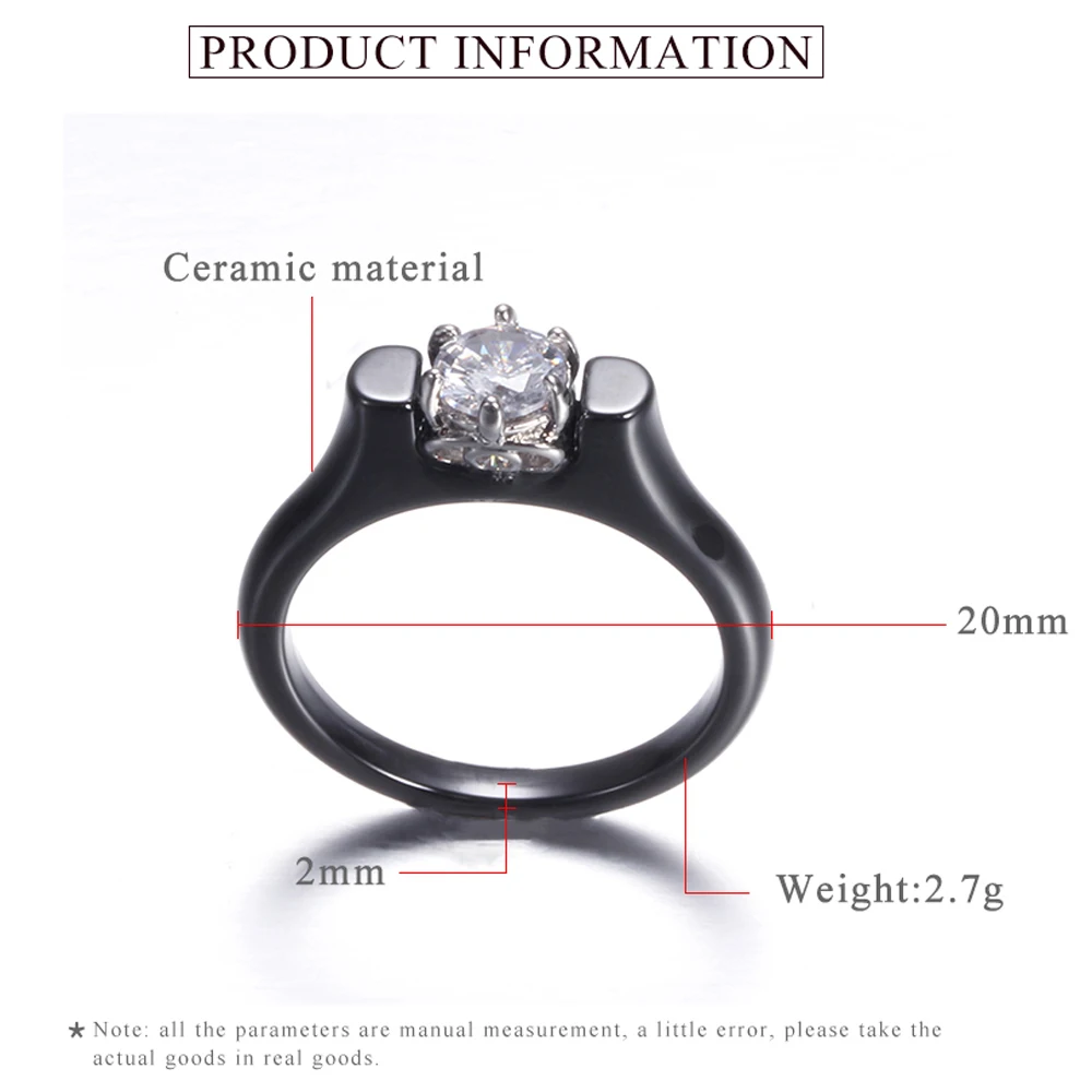 6MM Crystal Ceramic Ring Woman Cubic Zirconia Stone Black/White Color Women Jewelry Engagement Wedding Rings Gifts For Women