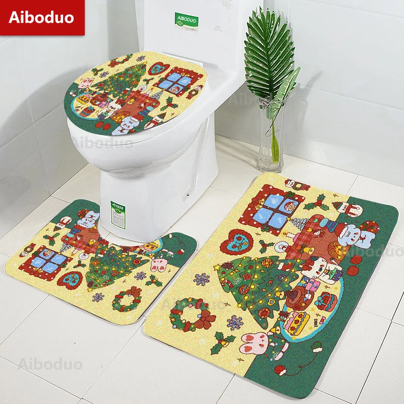 

Aiboduo Cartoon Bunny Non Slip 3pcs/set Toilet Lid Cover Set Carpet Bath Mat Cute Restroom Rug Christmas Warm Home Decoration