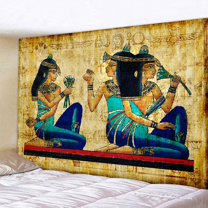 Yellow Ancient Egyptian Tapestry Wall Hanging, Ancient Culture Print, Hippy, Egyptian Wallpaper, Home Decor, Vintage Tapes