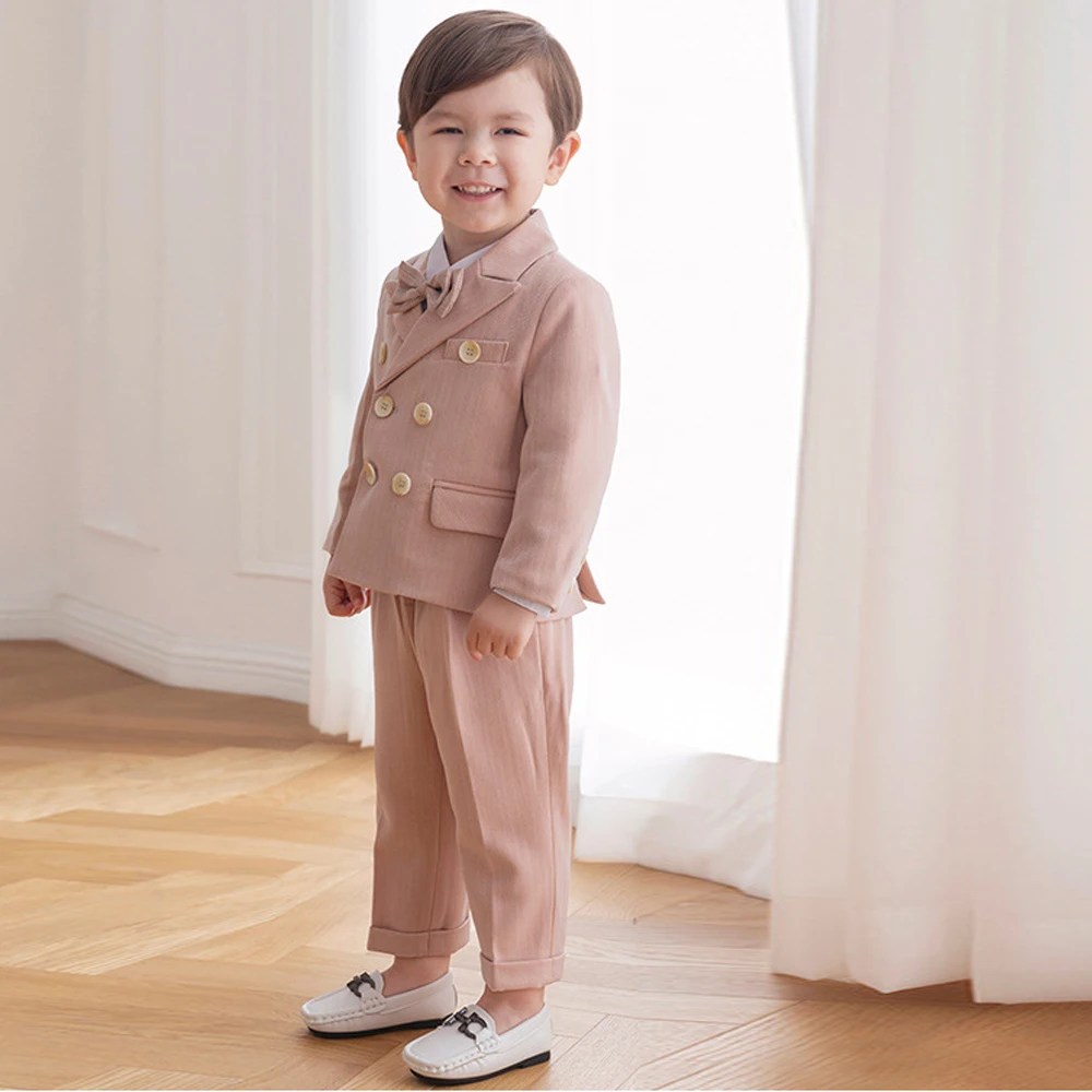 Pink Boys Suits for Weddings Kids Blazer Suit for Boy Costume Infant Blazer Boys Tuxedo Baby Boy Clothing Sets Coat+Pant+bow 3Ps