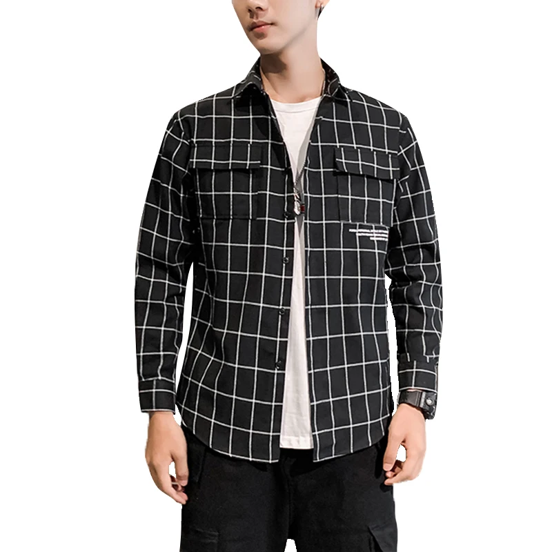 

Men's Pop Long-sleeved Plaid Work Shirt Classic Big Pocket Design Office Bank Casual Work Clothes High-quality Men's Clothing