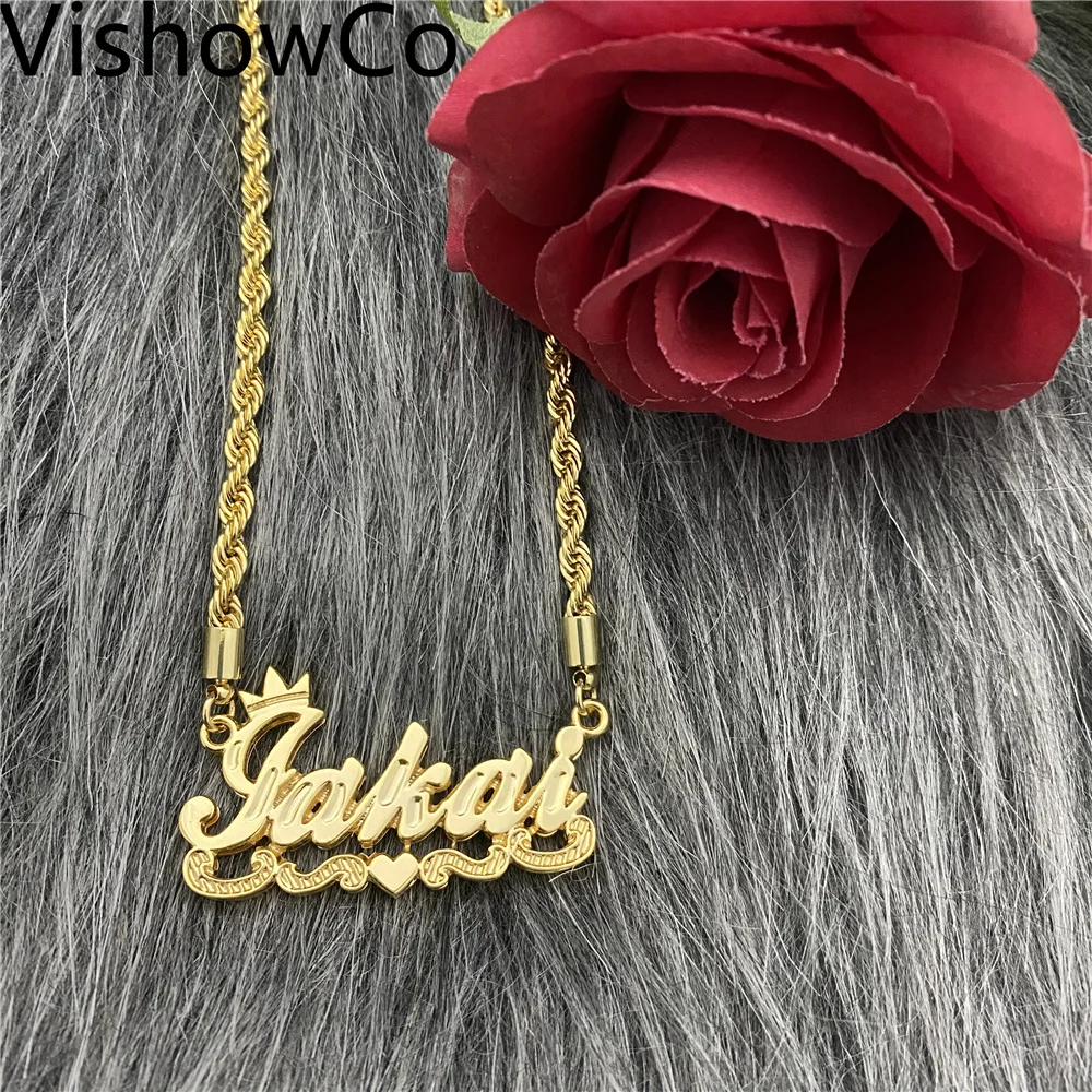 VishowCo Zircon Custom Name Necklace Double Gold plated Nameplate 3D Necklace Personalized Name Necklaces Gold Choker Women Gift