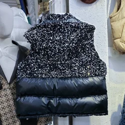 Sequin Fashion Loose Down Vest Women Winter Thick Warm Zipper Sleeveless Jacket Outwear Street Splice Cotton Waistcoat Female