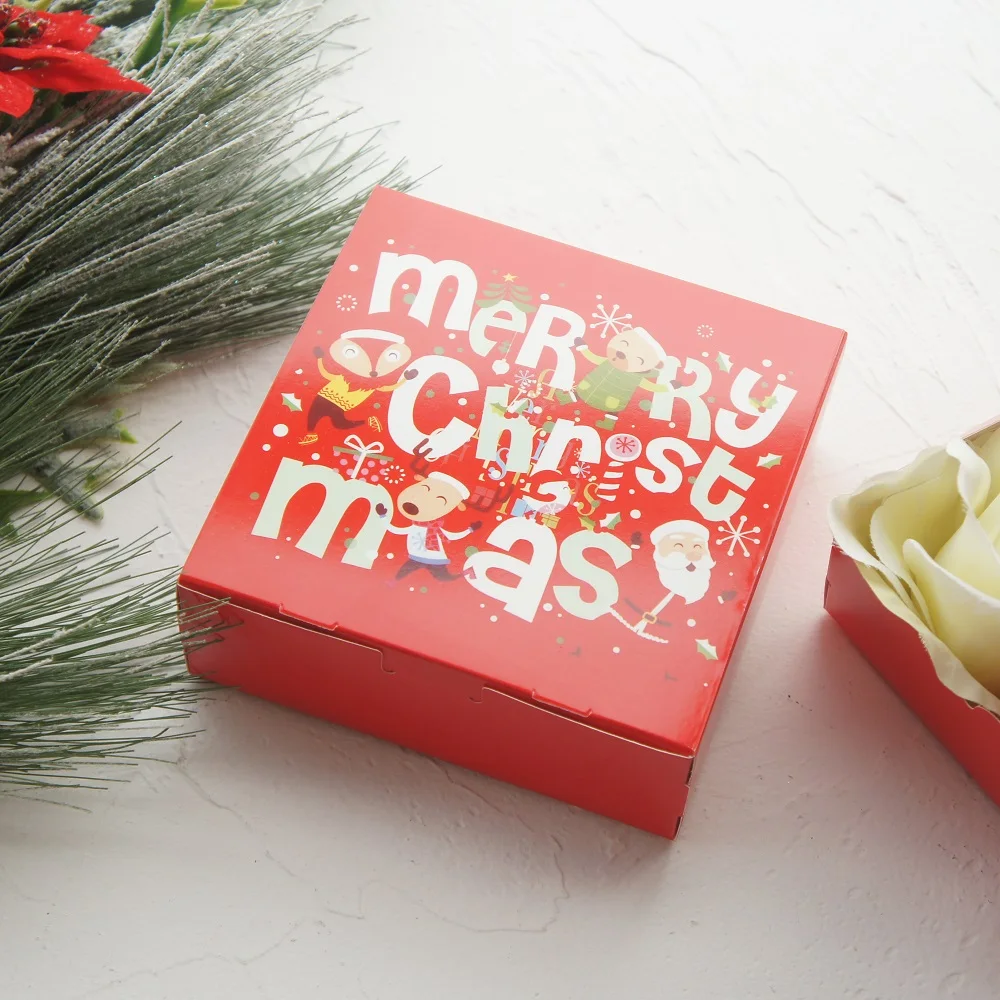 14*14*5cm 10pcs red Merry Christmas Santa Claus elk dancing Paper Box cookie Macaron Christmas  Party Gifts Packaging