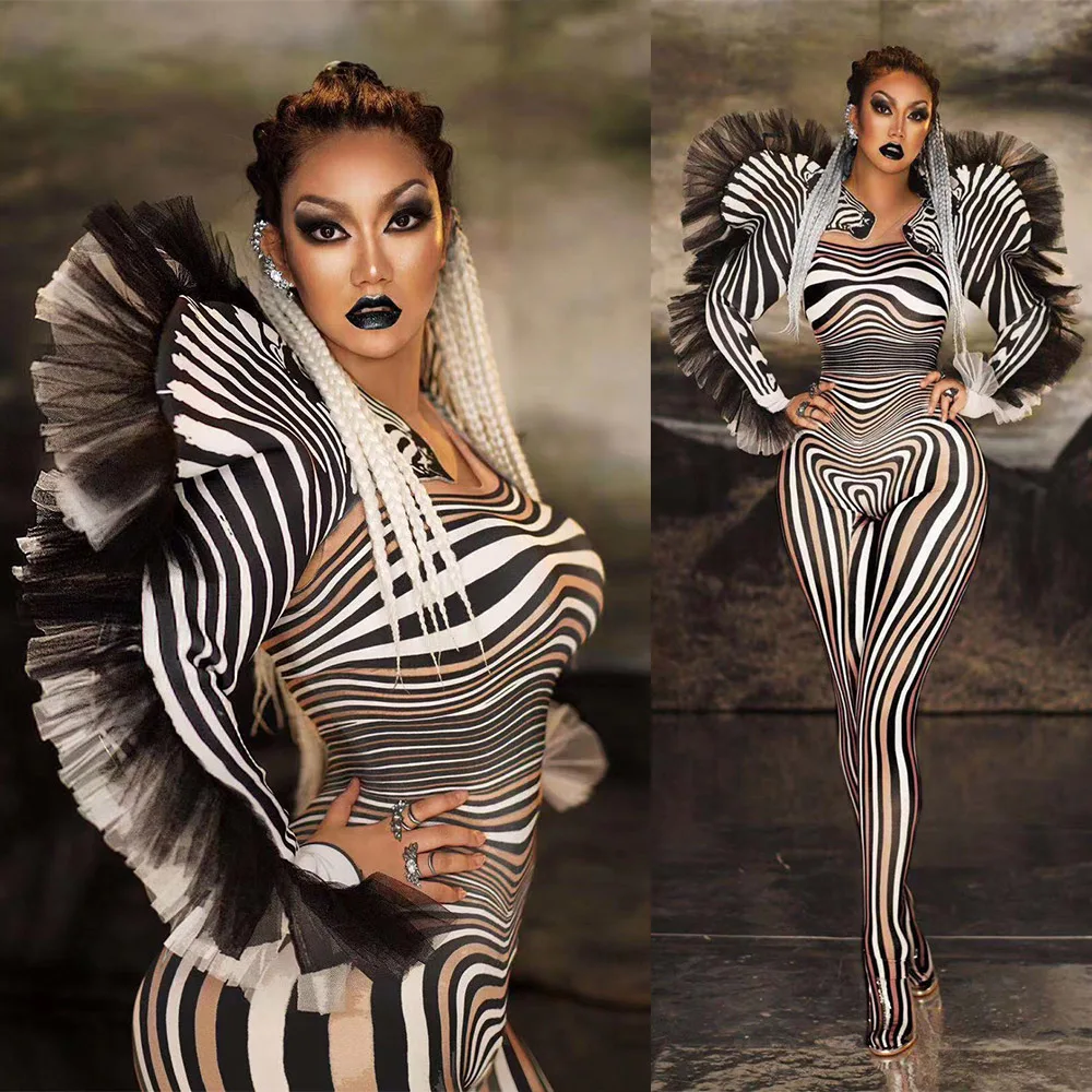 Women Tight Stretch Jumpsuits Zebra Pattern Print Long Sleeve Nightclub DJ DS Singer Dance Gogo Costumes Stage Wear Outfit