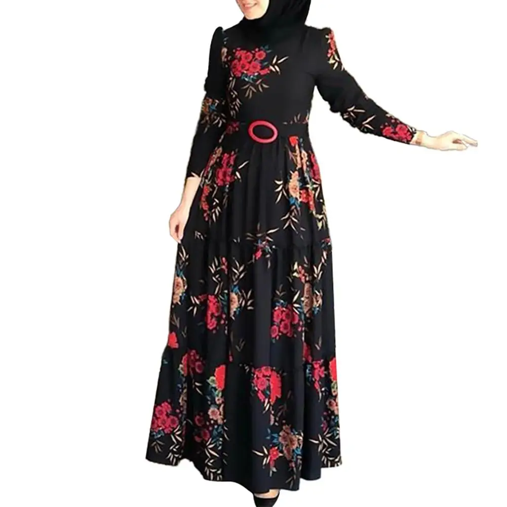 Eid Mubarak Abaya Dubai Turkey Muslim Hijab Dress Women Long Sleeve Muslim Abaya Dress Ethnic Floral Print Belt Maxi Kaftan Robe