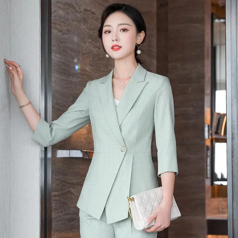 

Novelty Striped Half Sleeve Formal Uniform Styles OL Business Work Wear Suits Career Interview Job Blazers Set Pantsuits