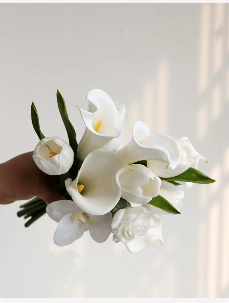 2021 Vintage White Calla Lily Tulip Phalaenopsis Elegant bunch of flowers Wedding Decoration Bouquet Fleur Artificielle Mariage