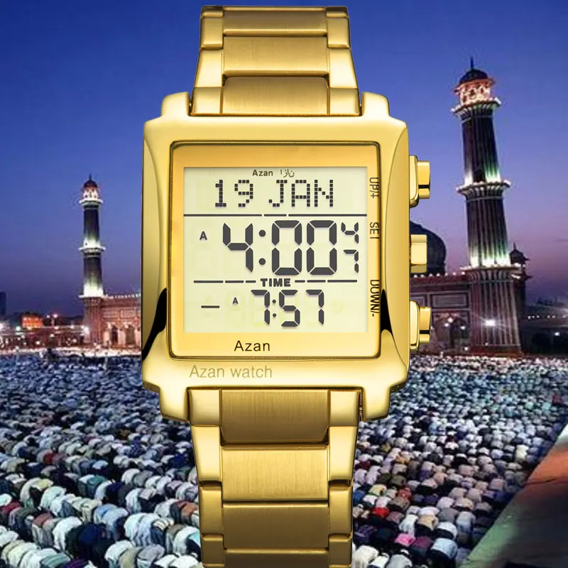 2021 New Arabic Man Qibla watch 3atm Waterproof Round Alloy luxury Digital Sport Multi-function Muslim Azan Watch 6006