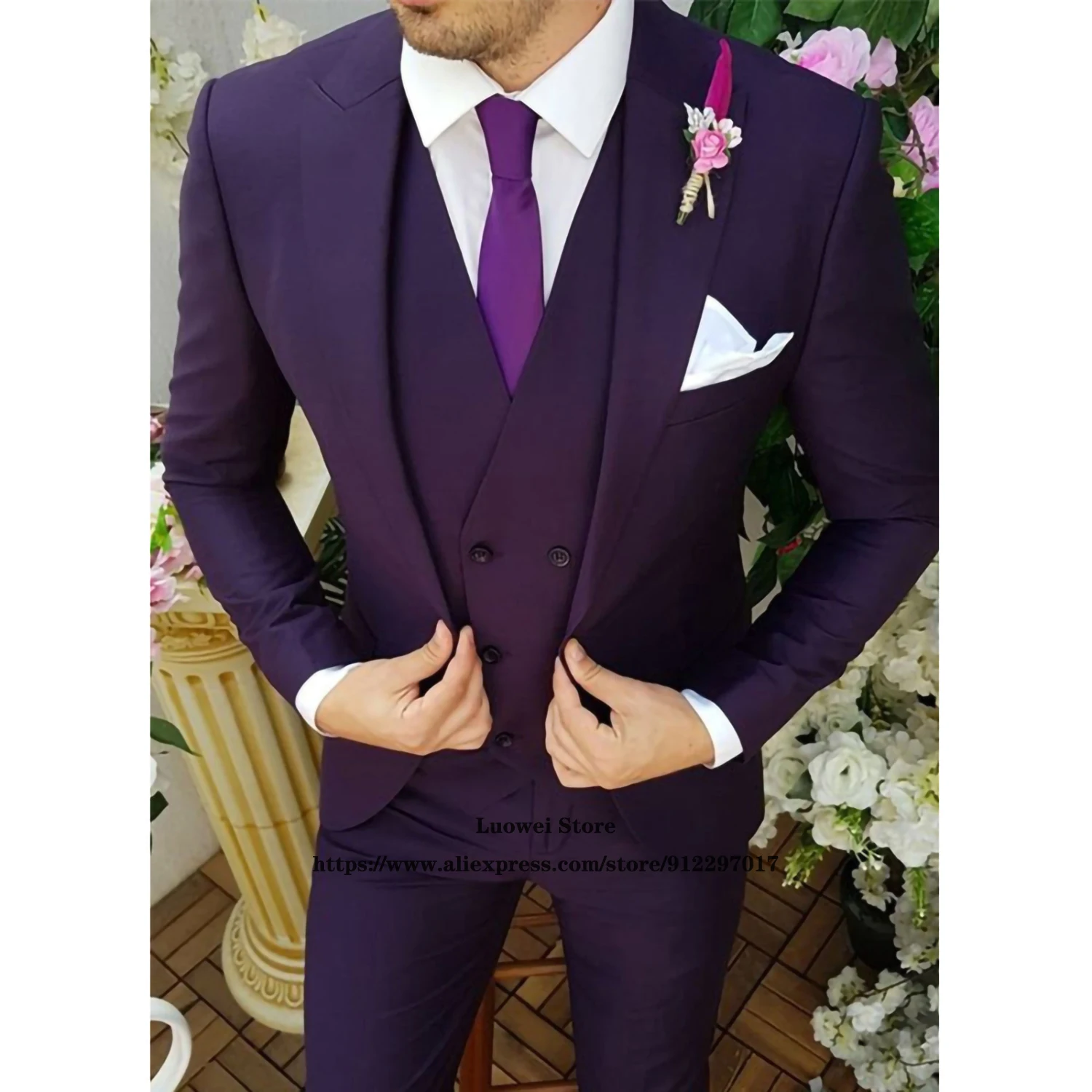 

Fashion Purple Slim Fit Mens Suits Wedding Groom 3 Piece Jacket Vest Pants Set Professional Formal Business Blazer Costume Homme