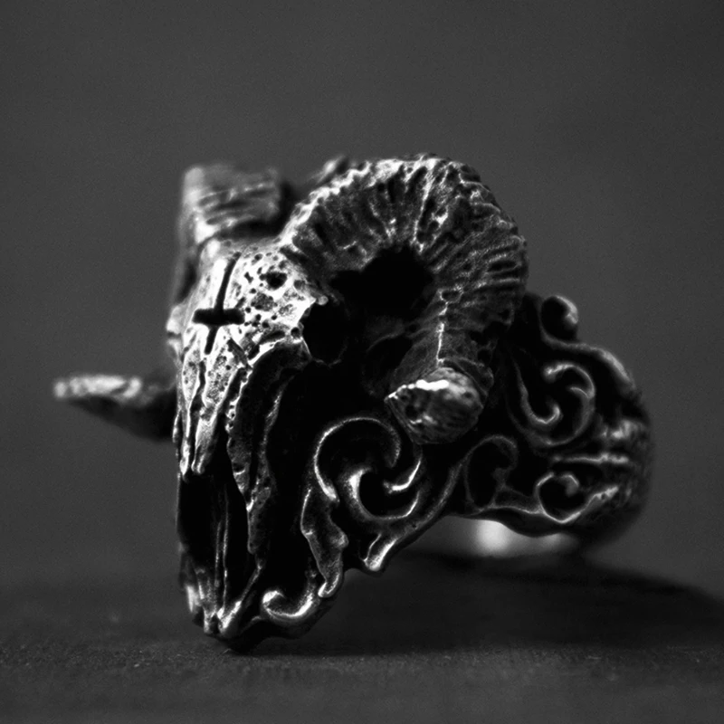 Vintage Punk Gothic Sorath Skull Ring Men Stainless Steel Satanic Demon Ring Cool Male Baphomet Goat Head Pagan Ring Jewelry